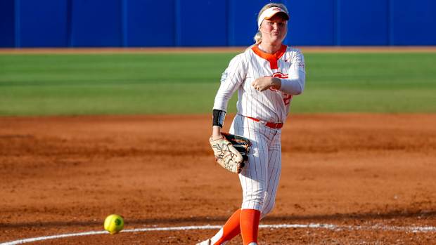 Oklahoma State pitcher Kelly Maxwell (28) pitches during a softball game between Oklahoma State (OSU) and Tennessee at the Women's College World Series at USA Softball Hall of Fame Stadium in Oklahoma City on Sunday, June 4, 2023.